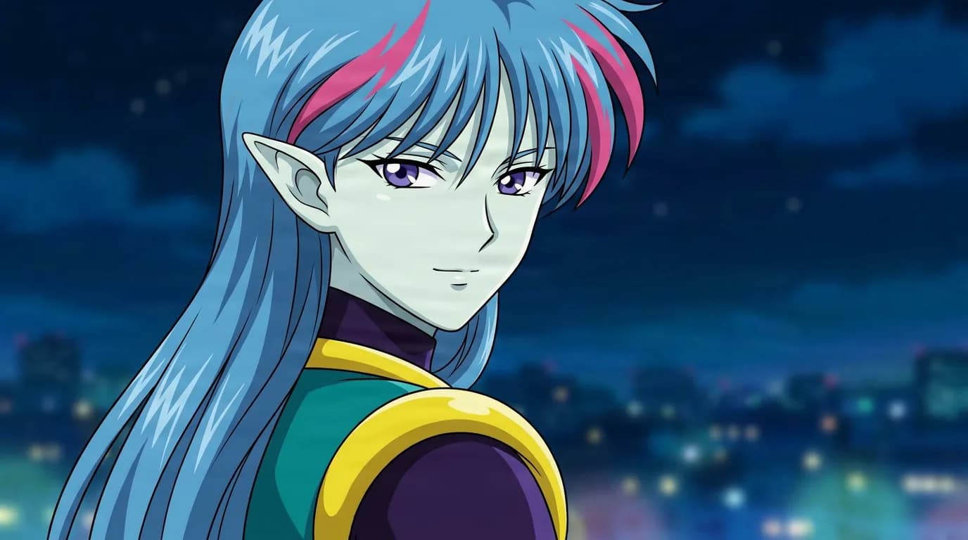 Ail, a blue-haired alien with pointed ears and a pink fringe streak, glancing back against a dark city night.