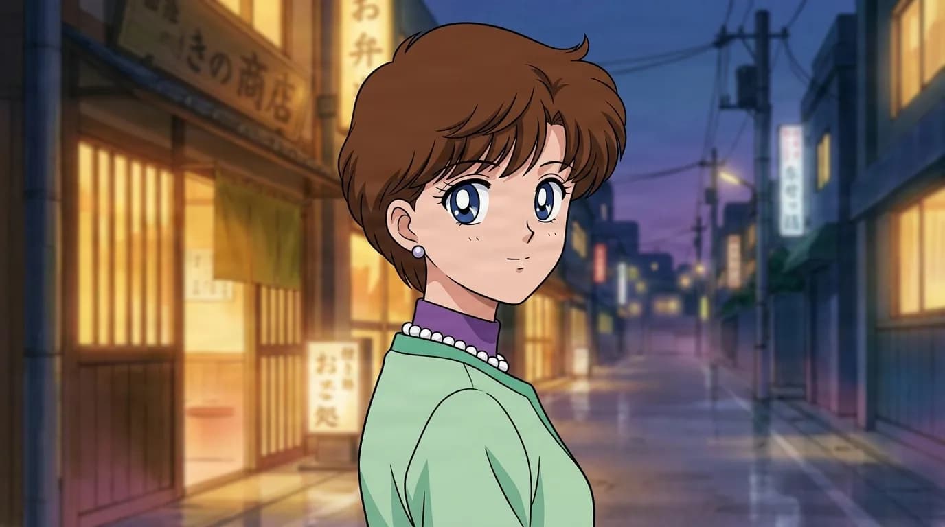 Akiko Yanagi glancing back on an evening shopping street, short brown hair, pearl earrings and a green sweater with a pearl trimmed collar