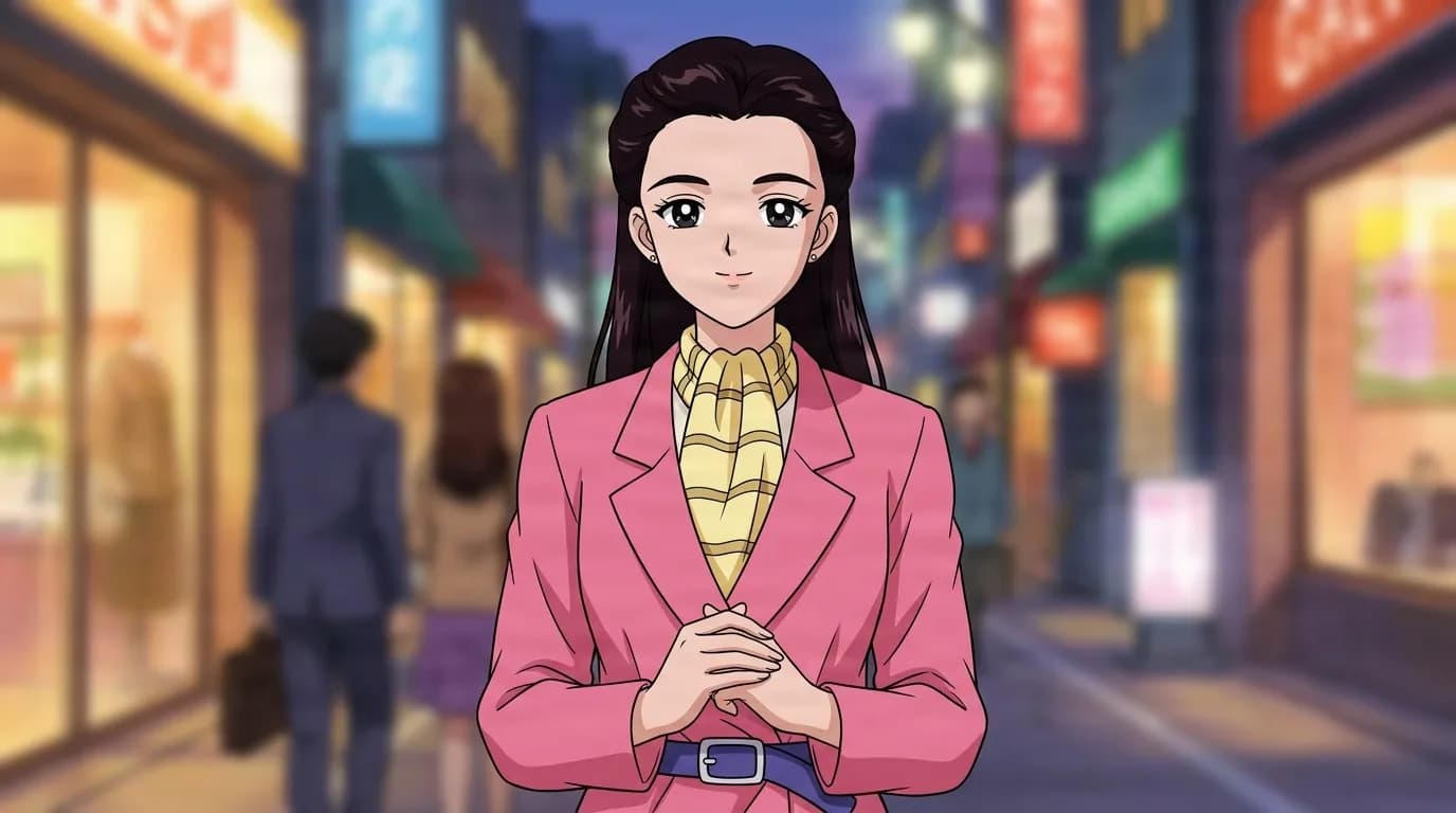 Alice Itsuki standing with hands clasped on a city street at dusk, long dark hair, a pink blazer with a purple belt and a yellow scarf