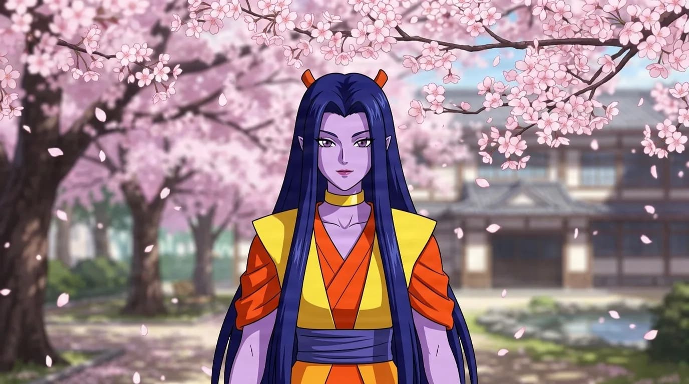 Amaderasu, a purple-skinned youma with dark hair and small orange horns, wearing a yellow and orange samurai-style robe beneath cherry blossoms.
