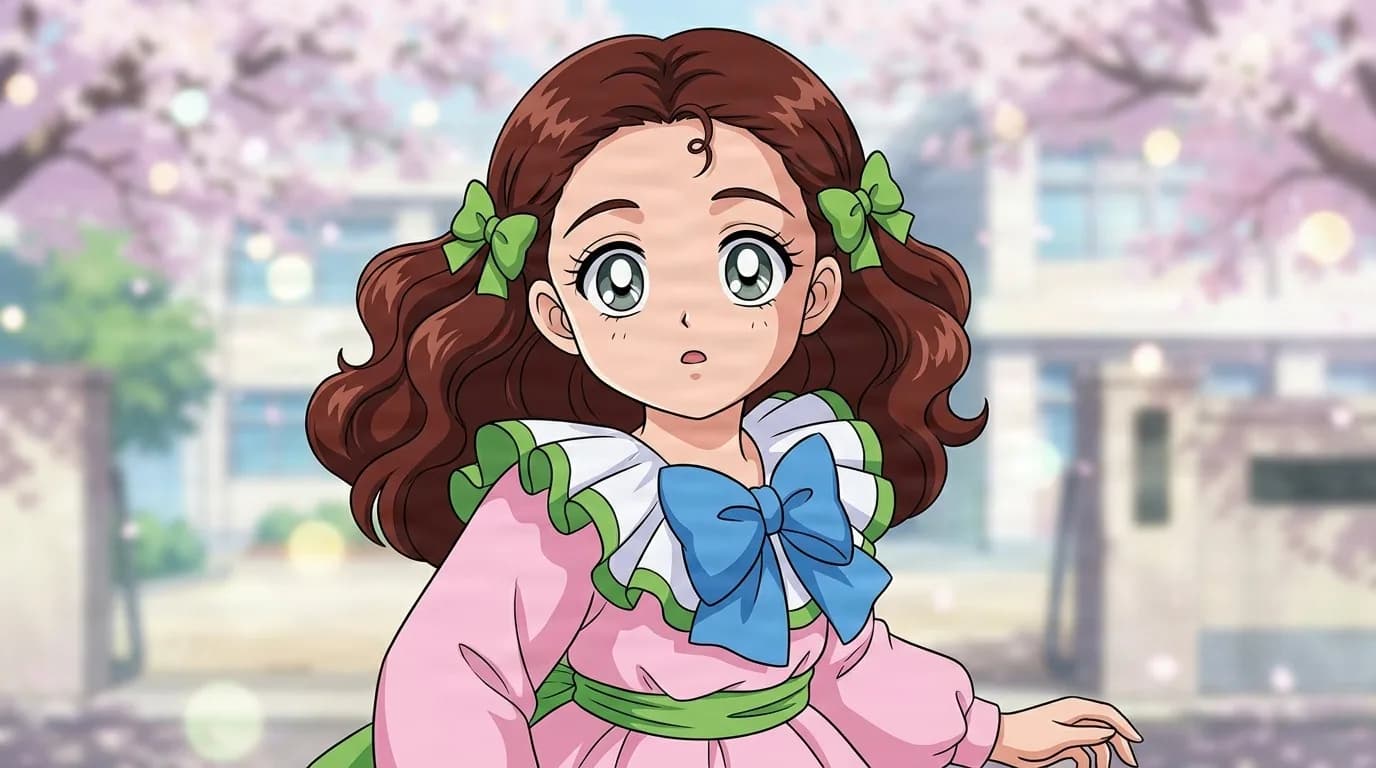 An Ohara, a girl with curly brown hair and green bows, in a pink ruffled dress with a blue bow by cherry blossoms.