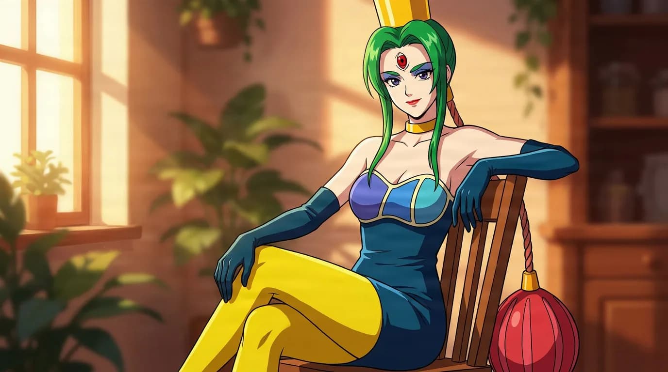 Atsugessho, a green-haired woman with a crown and a jewel on her brow, sits in a blue gown and long gloves in a sunlit room.