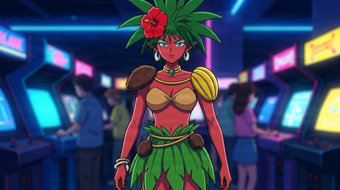 Avocadora, a red-skinned youma with spiky green hair and a red hibiscus flower, wearing coconut shoulder pads and a grass hula skirt, standing in a neon arcade.