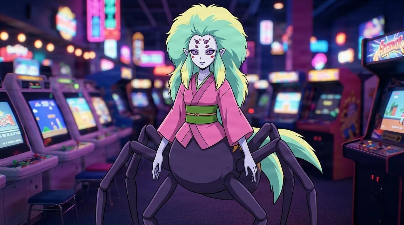 Ayatoriko standing in a neon arcade, a spider youma with a black spider body, pale green mane, extra eyes and a pink kimono top