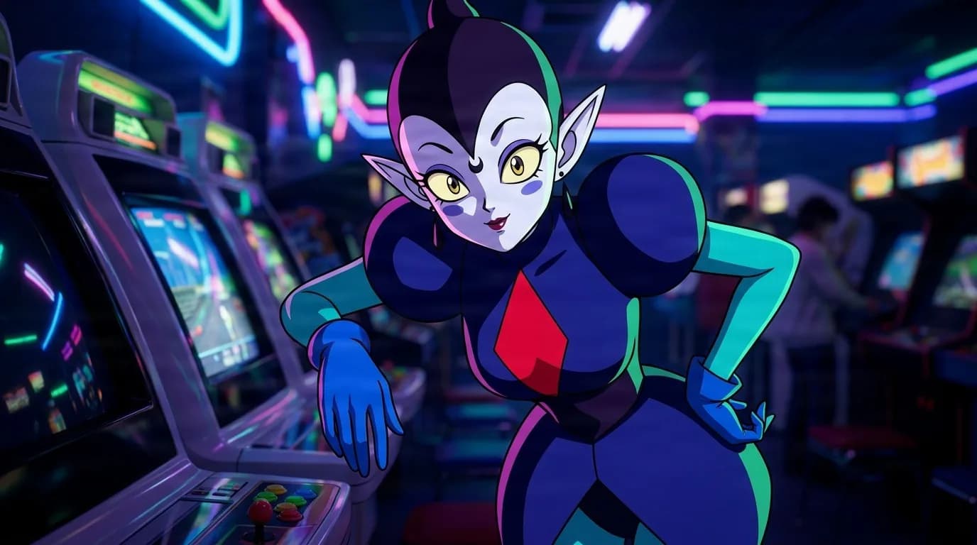 Bakkonko leaning over an arcade cabinet, a pale purple faced youma with yellow eyes, pointed ears and a blue bodysuit with a red diamond