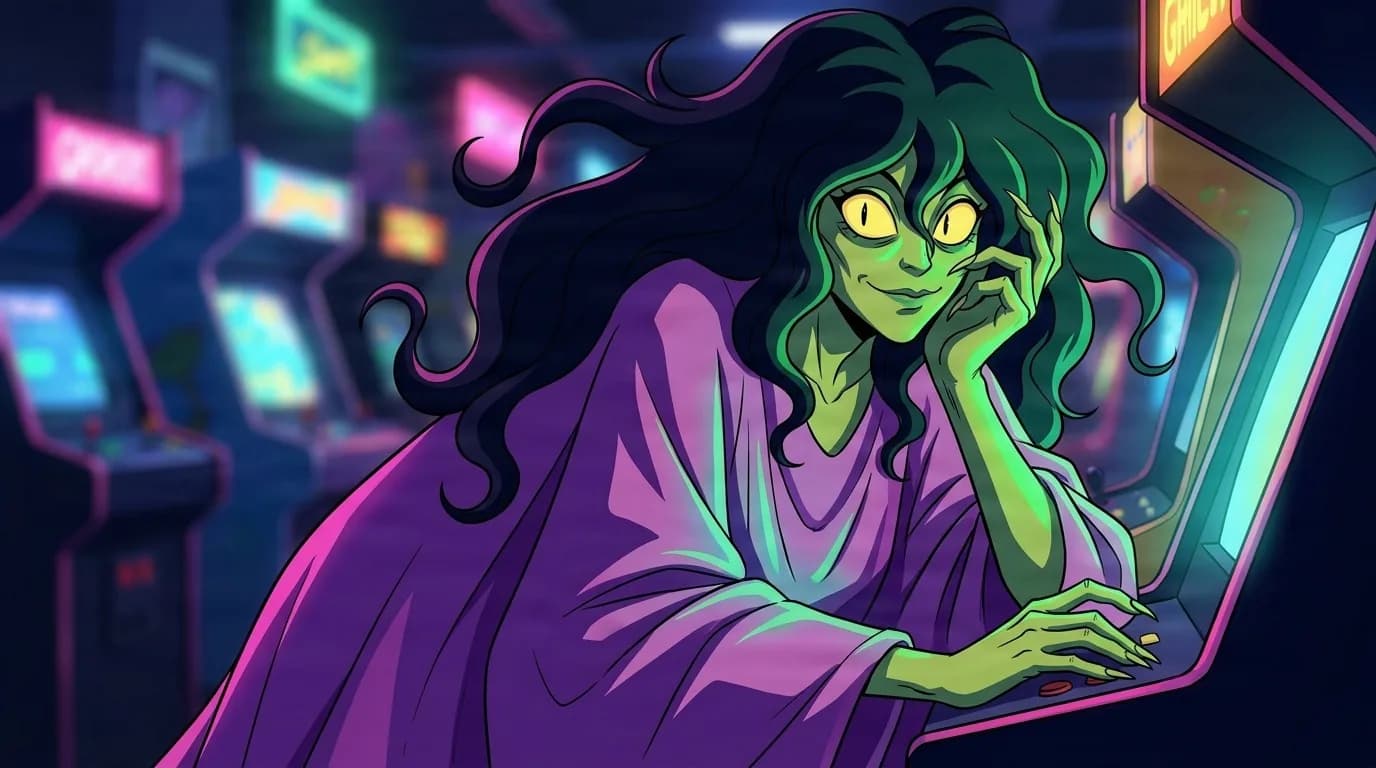 Balm, a green-skinned witch with flowing dark hair and yellow cat eyes in a purple robe, leaning on a glowing arcade cabinet