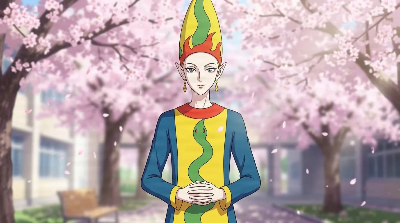 Banane standing under cherry blossoms with hands clasped, a pale pointed eared youma in a tall flame patterned hat and a robe with a green snake motif