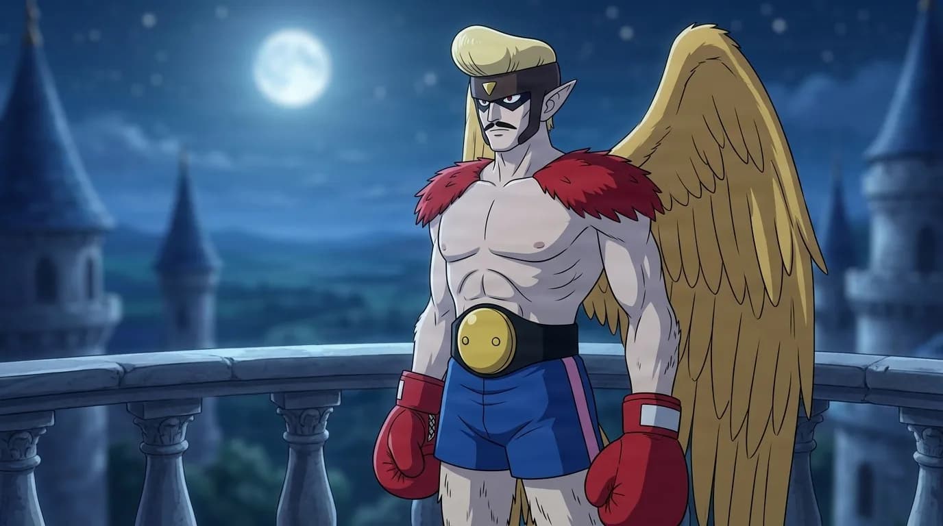 Boxy standing on a moonlit castle balcony, a winged fighter with blond hair, a black mask, red boxing gloves, blue trunks and a gold buckled belt