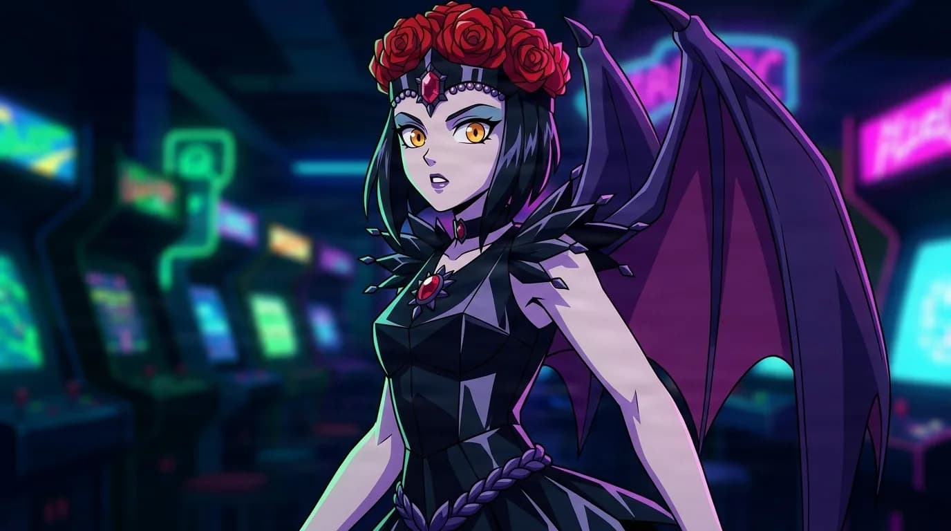 Chaos Galaxia, a pale winged woman in a black gown and red rose crown, stares ahead with gold eyes inside a neon lit arcade.