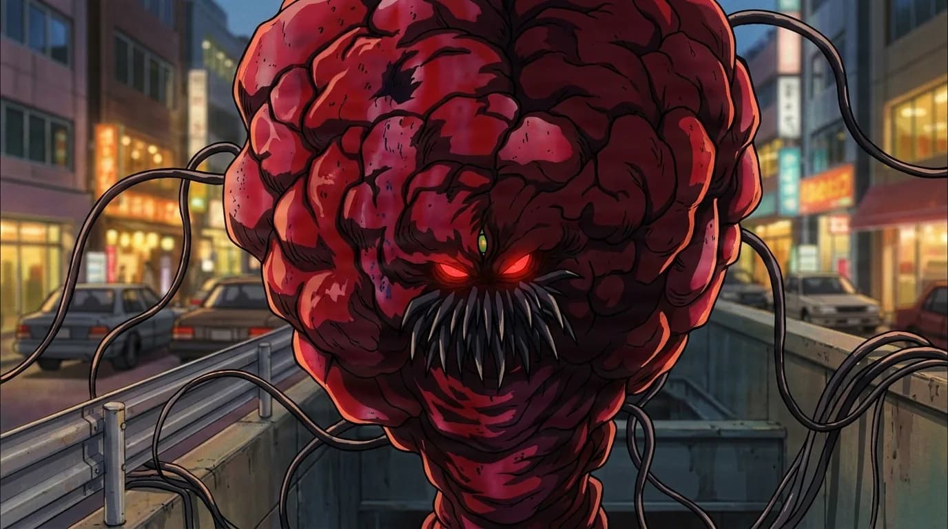 Daimon looming over a dusk city street, a red brain-like monster with glowing eyes, a fanged maw, and dark tendrils