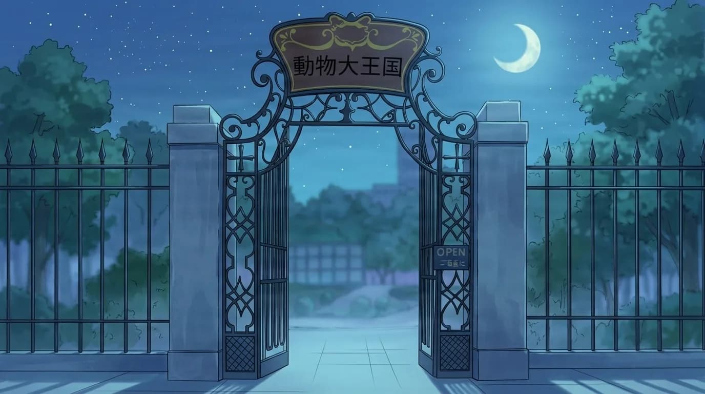 Dark Kingdom scene: an ornate wrought-iron gate standing open at night beneath a crescent moon, Japanese signboard above the arch.