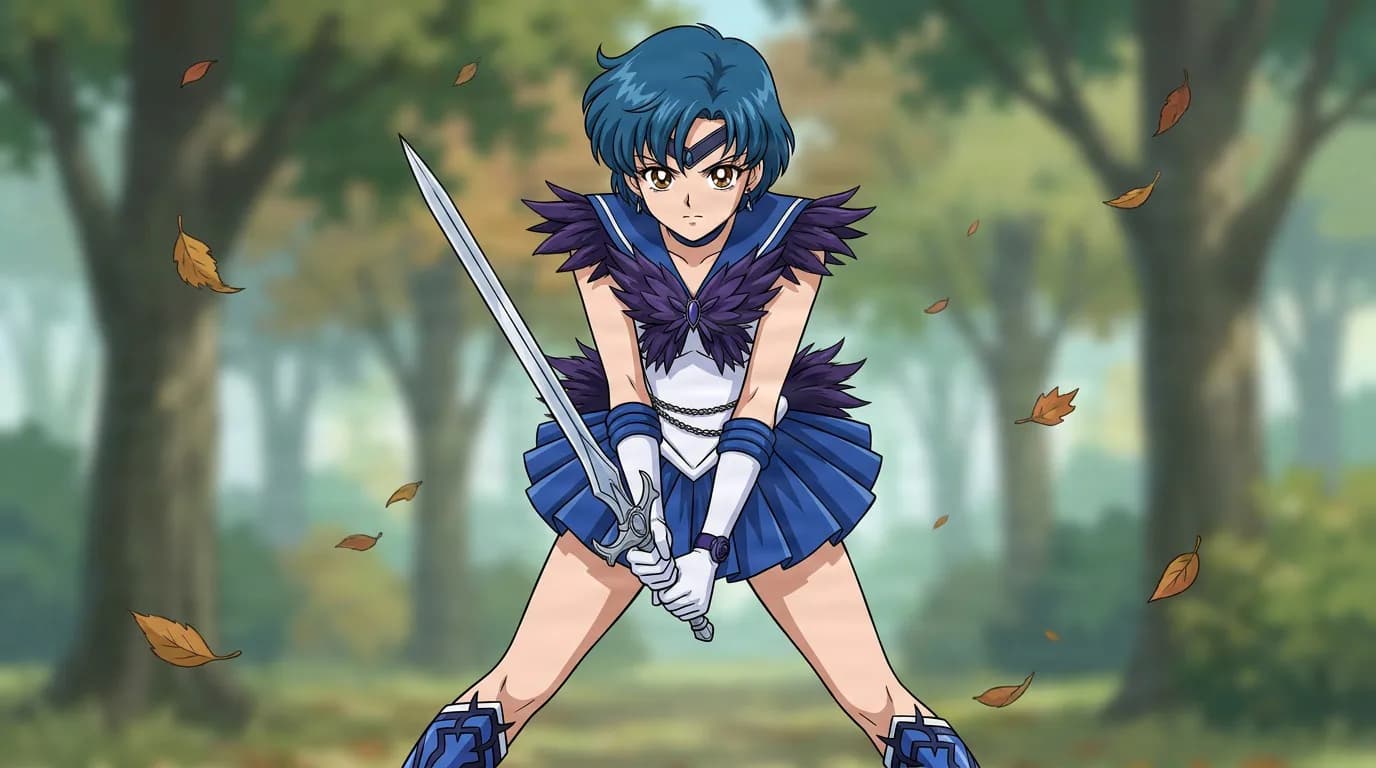 Dark Mercury with blue hair in a dark feathered sailor outfit, gripping a sword in a forest of falling leaves.