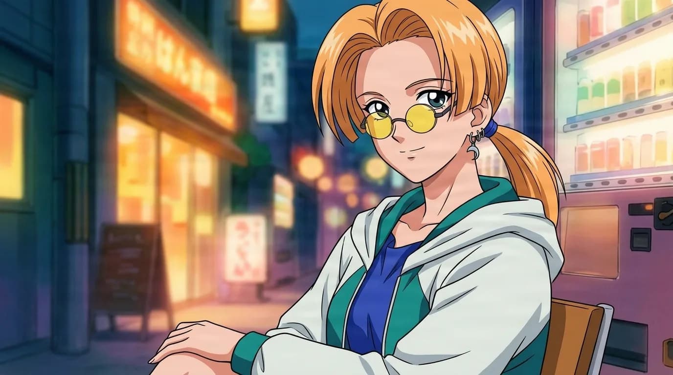 DJ Jack seated beside a lit vending machine on an evening street, orange hair in a ponytail, round yellow tinted glasses and a white hooded jacket