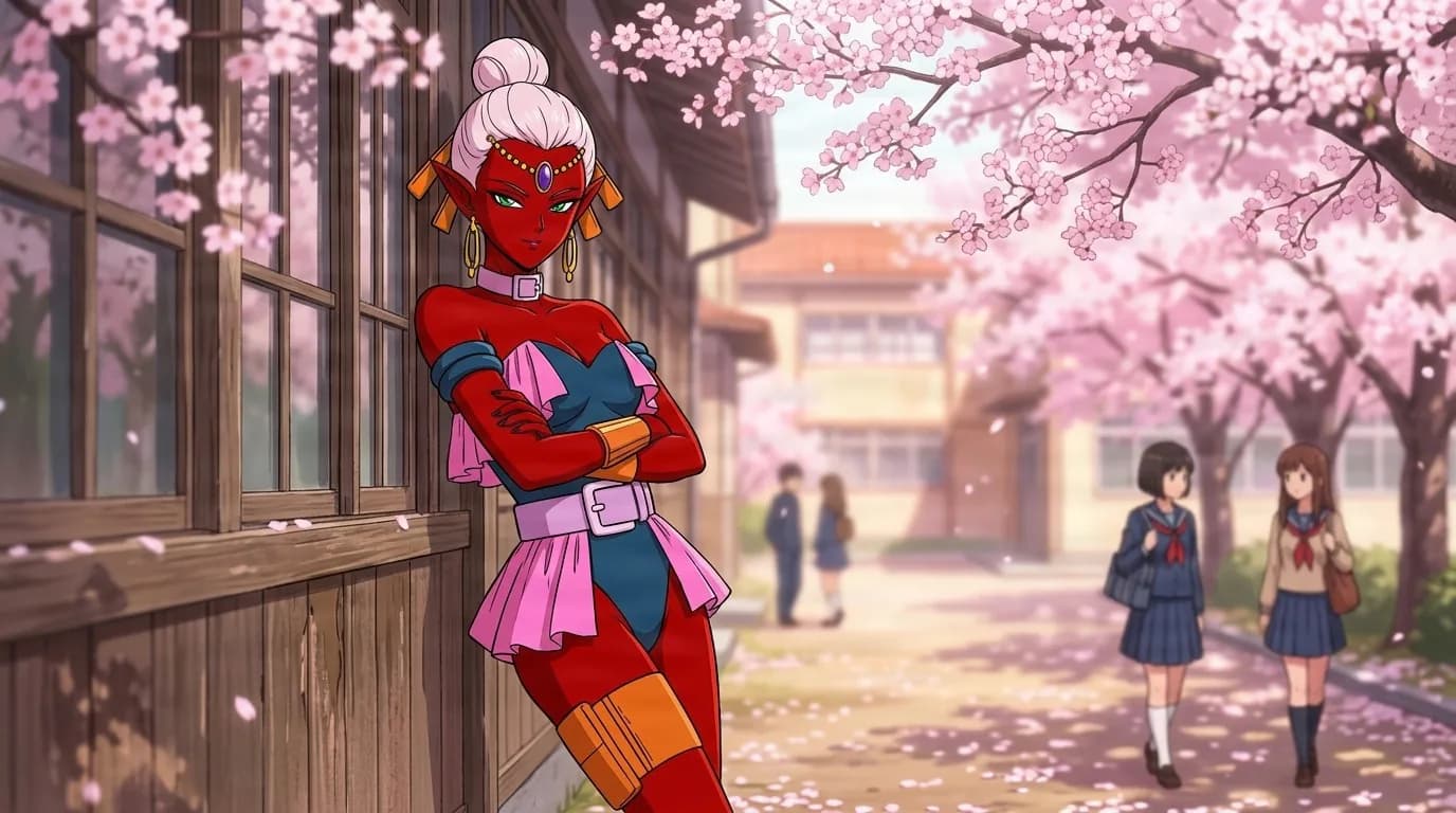Dogbar leaning against a school building with arms folded, red skin, white hair in a top bun, a jeweled circlet and a pink and blue costume