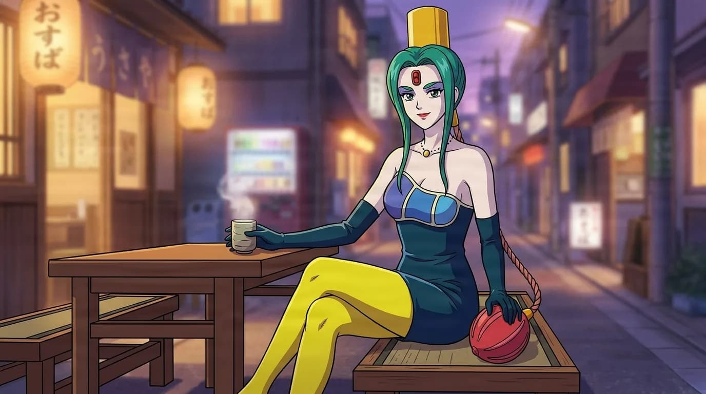 Droid seated on a wooden bench in a lantern lit alley at dusk, green hair under a gold headpiece, blue dress, long gloves and yellow tights.
