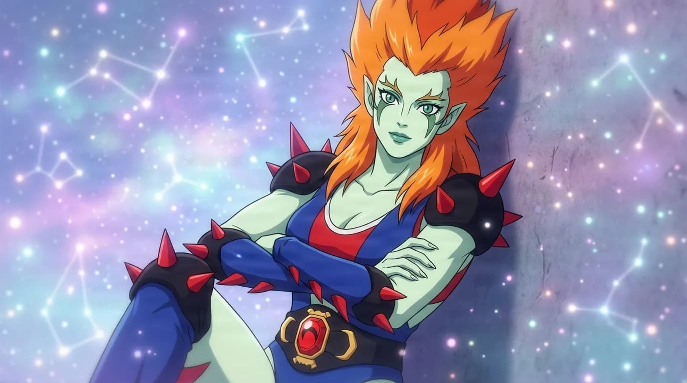 Dumbull, a pale green-skinned demon with fiery orange hair and red spiked armor, crossing clawed arms against a starry constellation background