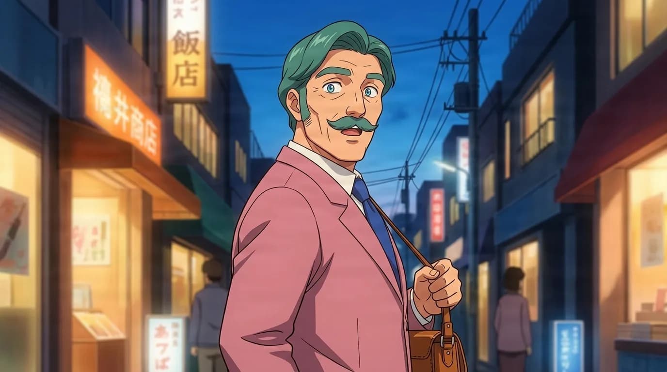 Edwards glancing back on an evening shopping street, green hair, a thick moustache, a pink suit jacket, blue tie and a brown satchel