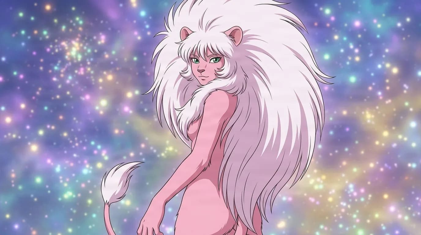 Falion, a pink-skinned, lion-maned humanoid with a tail, glancing back against a sparkling cosmic backdrop