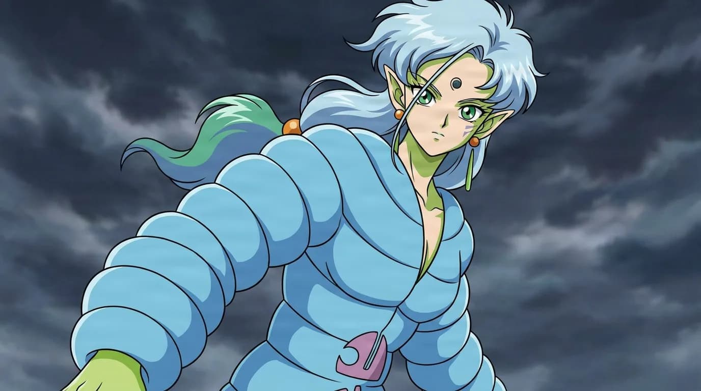 Fish Eye with pale blue hair, pointed ears and green skin, in a padded blue bodysuit under a stormy sky.