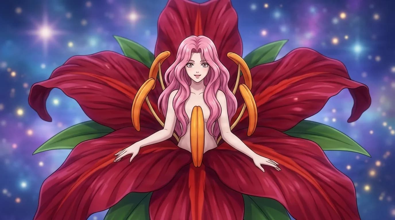 Flower Youma emerging from a giant deep red lily against a starry sky, long pink wavy hair framed by orange stamens and green leaves