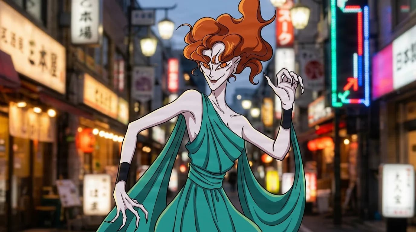 Furau posing with clawed fingers raised on a neon lit street at night, pale skinned with wild orange hair and a flowing teal one shoulder gown.