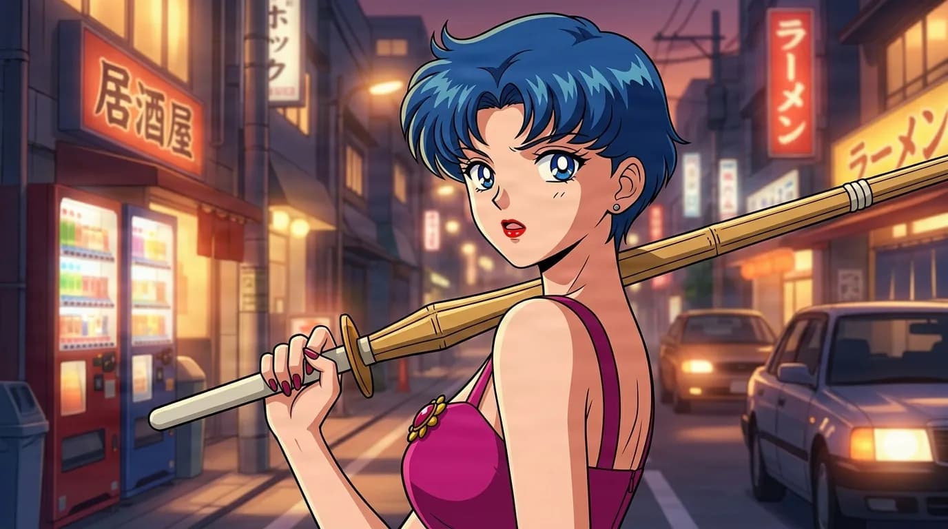 Fuyumi Akiyama resting a wooden kendo shinai on her shoulder in a neon evening street, short blue hair and a magenta dress