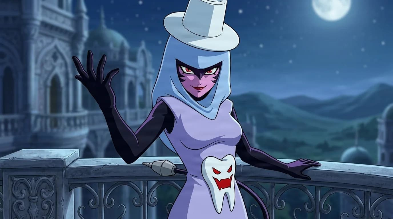 GariGari raising a gloved hand on a moonlit castle balcony, white hood and top hat, purple dress with a fanged tooth emblem, dental drill in hand