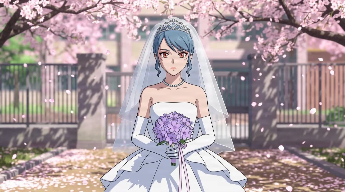桜の下で紫のブーケを持つ、白いウェディングドレスとベールをまとった青白い肌に青髪の女性、ゴースト・ブライド