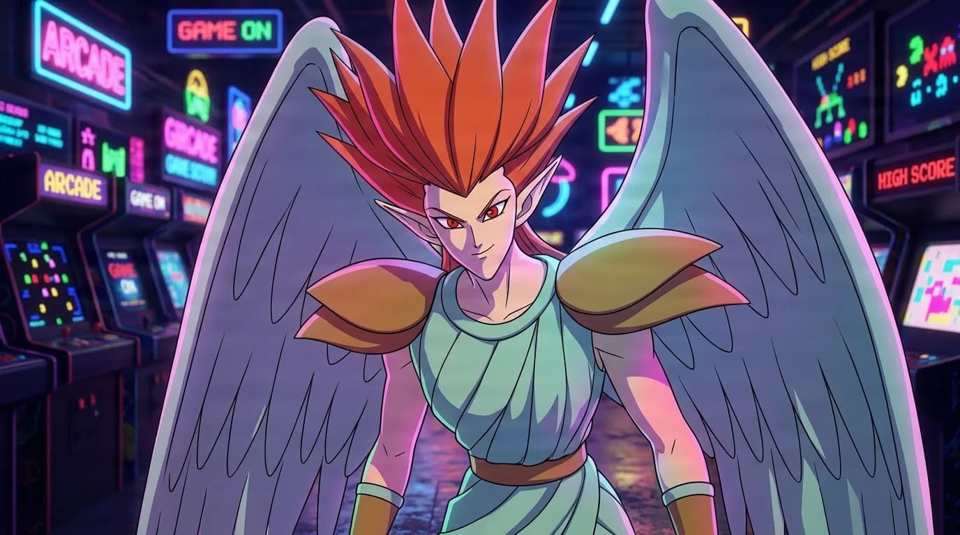 Gigaros, a red-haired winged figure with large grey feathered wings and gold shoulder armor, smirking inside a neon-lit arcade