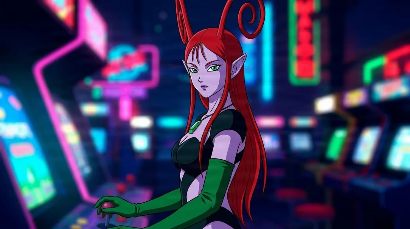 Giwaaku, a red-haired pointed-eared woman in a black bodysuit and green gloves, glancing back at an arcade cabinet