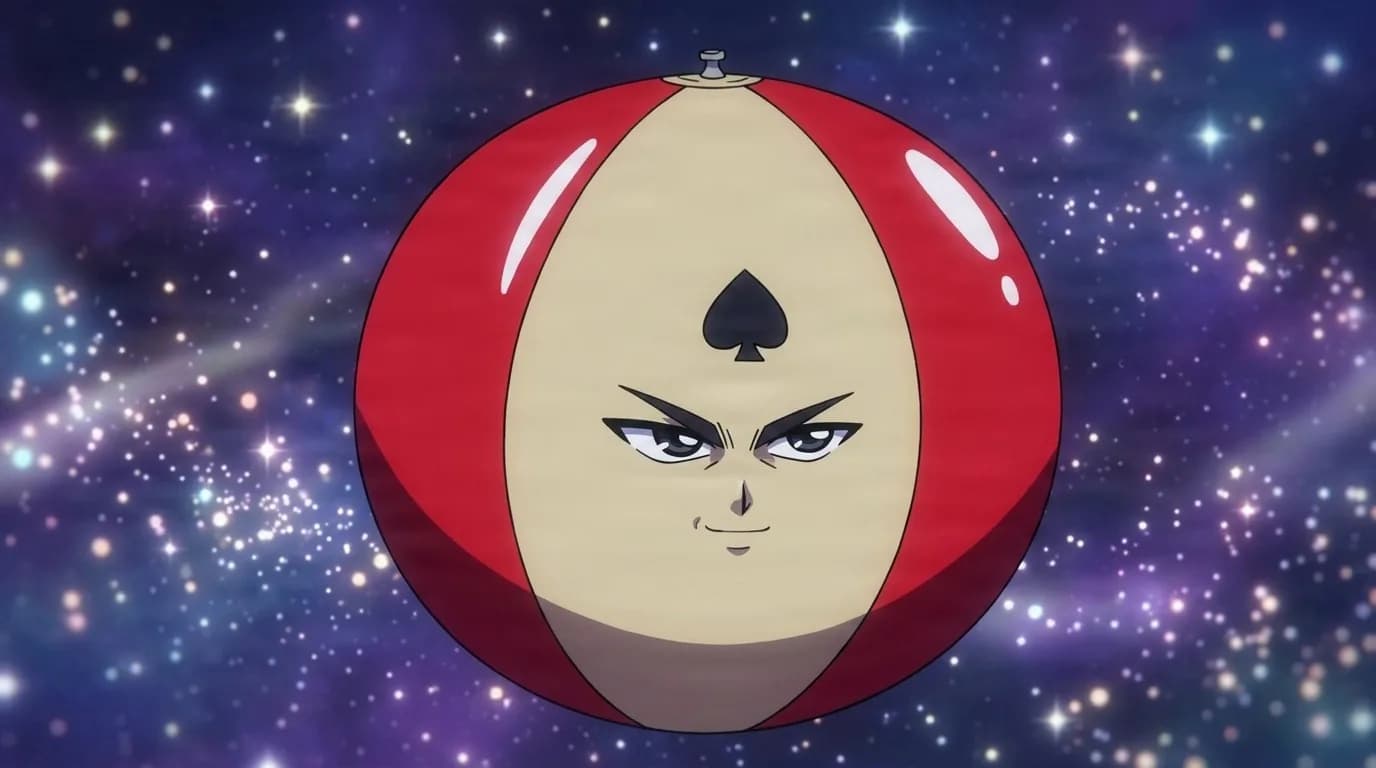 Gomumario, a round red and cream striped alien head with a spade emblem, smirking against a starry space backdrop