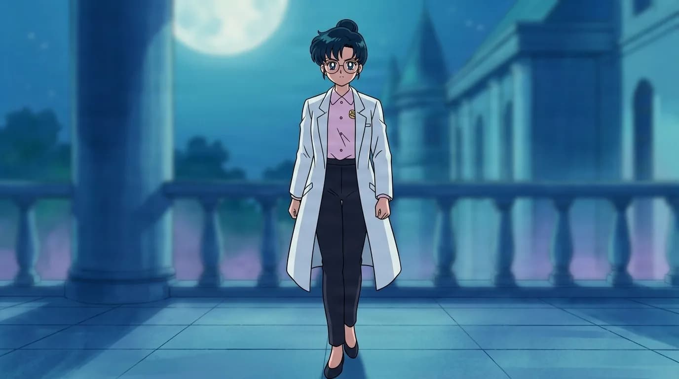Higure Akiyama, a woman with a dark hair bun and glasses, wearing a white lab coat over a pink blouse, walking across a moonlit balcony.