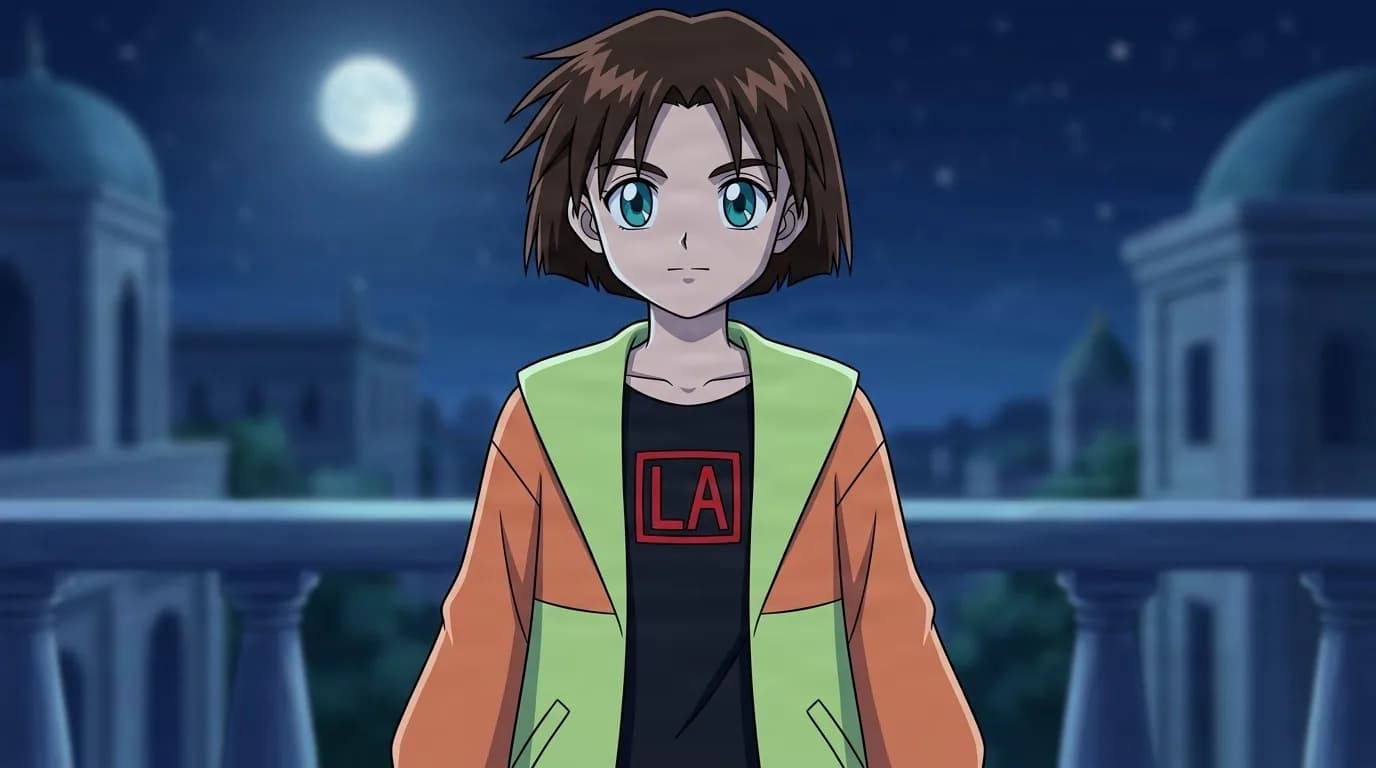 Hiroki, a young boy with spiky brown hair, wearing a green and orange jacket over a black LA shirt, standing on a moonlit balcony.