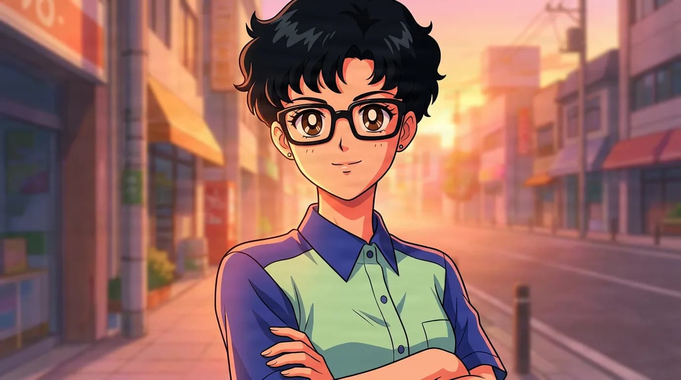 Hiromi Matsuno, a black-haired person in glasses and a green-and-blue shirt, stands arms crossed on a sunset city street.