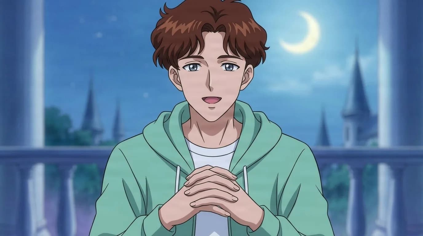 Honjou standing on a castle balcony under a crescent moon, curly brown hair, grey eyes and a mint green hoodie over a white tee