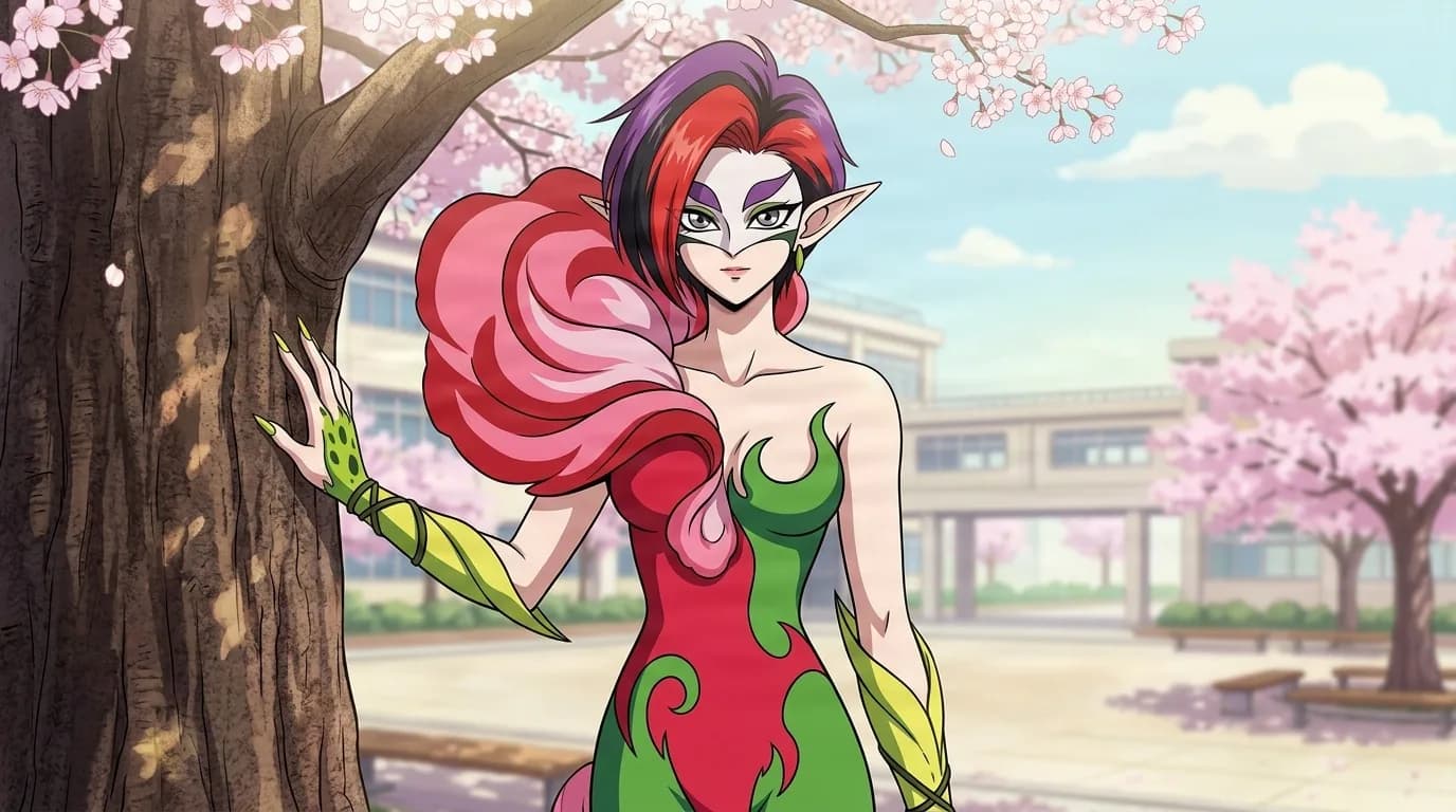 Housenka, a pale-faced youma with red and purple hair and mask-like eye markings, wearing a red and green flame-patterned dress and leaf gloves, standing beside a blossoming cherry tree.