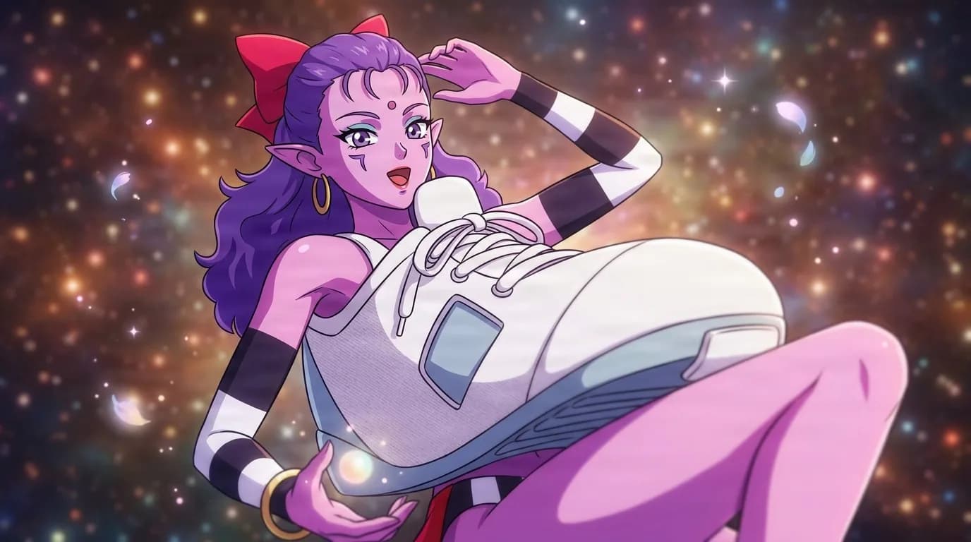 Hurdle posing against a starry sky with a giant white sneaker across her body, purple skin, a red hair bow and black and white striped armbands