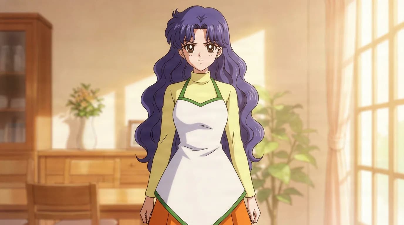 Ikuko Tsukino with long wavy purple hair, wearing a white apron over a yellow top in a warm dining room.