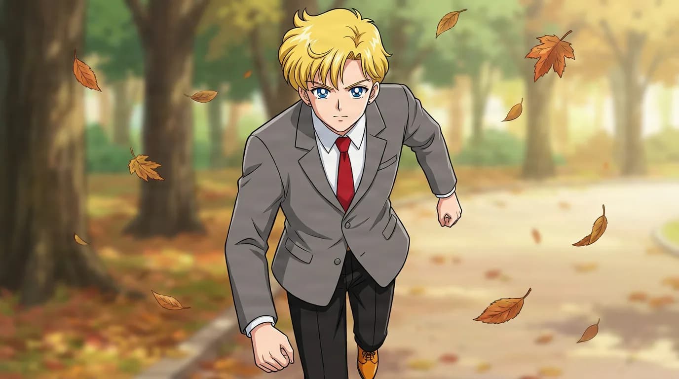 Ittou Asanuma, a blonde boy in a grey suit and red tie, leans forward mid-stride through an autumn park with falling leaves.