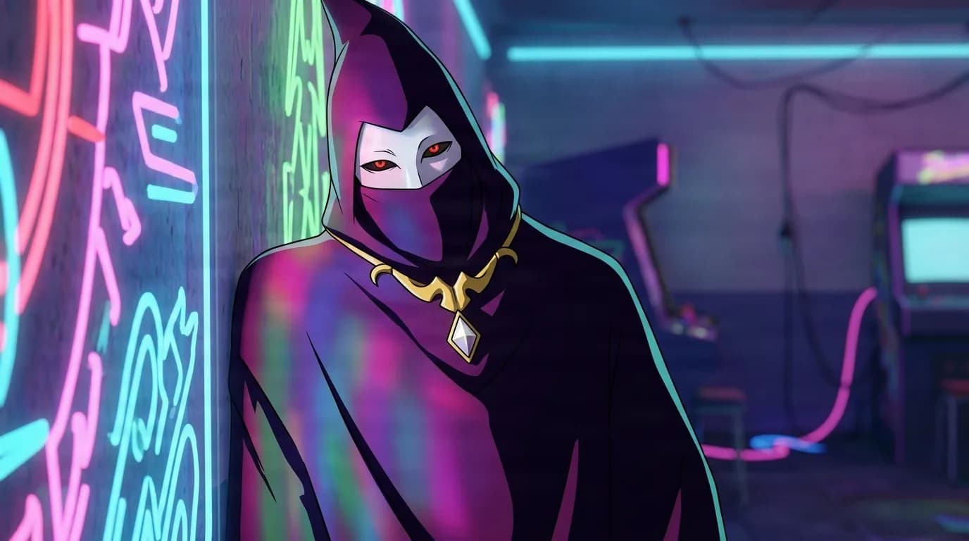 Jakoku, a hooded figure in a dark purple robe with a pale masked face and glowing red eyes, leaning against a neon-lit arcade wall