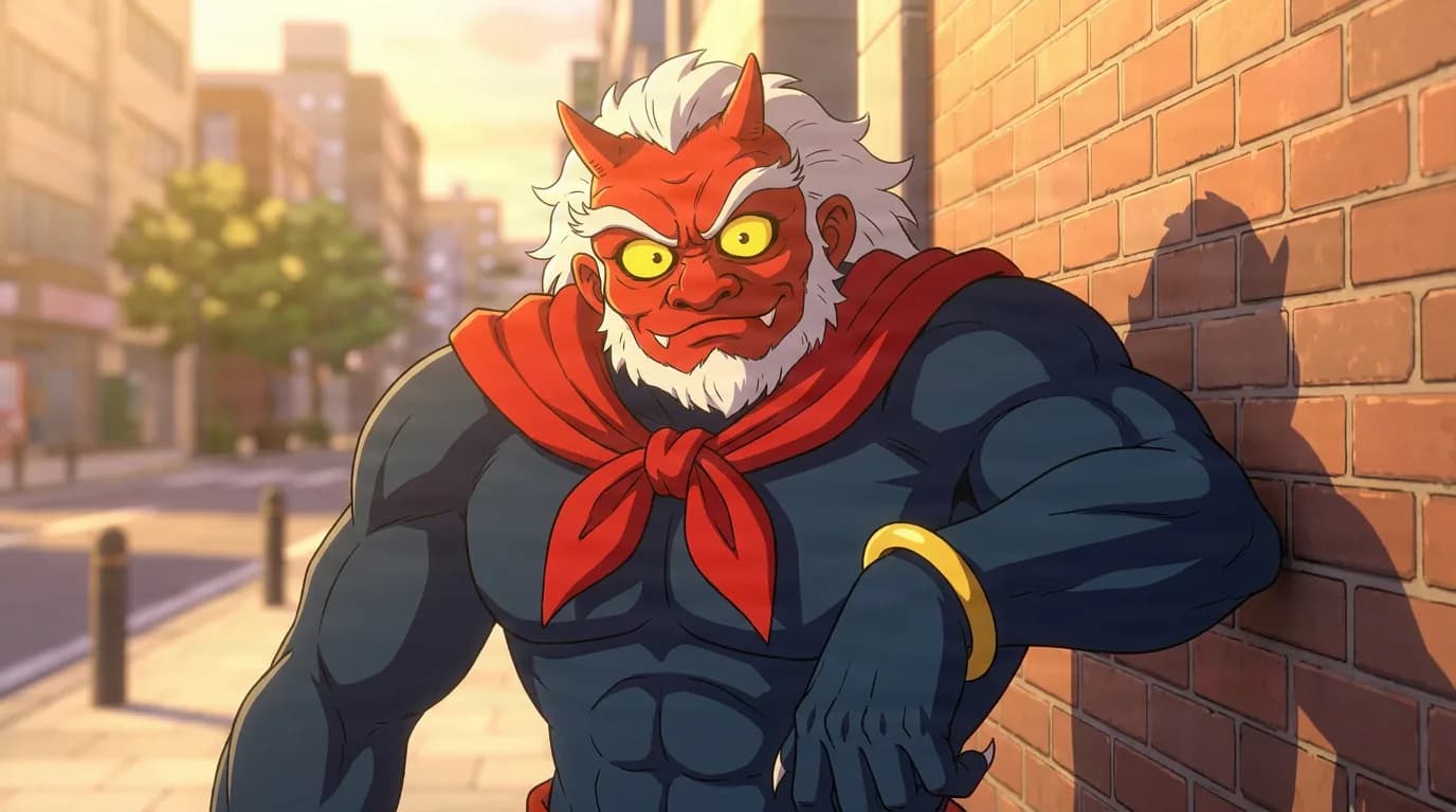 Jiji, a muscular red-faced tengu figure with white hair, yellow eyes and a red neckerchief, leans against a brick wall at sunset.