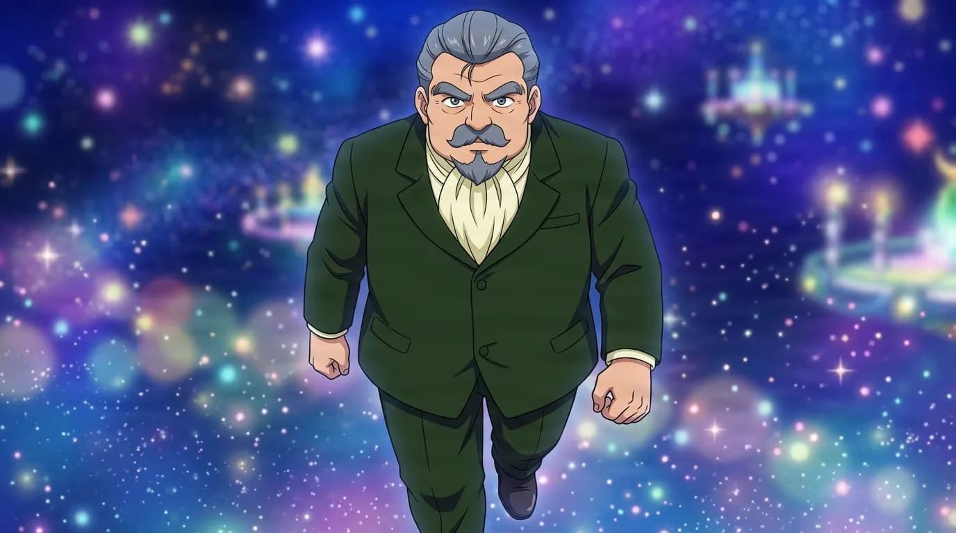 Jotaro Kiriyama striding against a starry backdrop, a heavyset older man with grey hair, a thick moustache and goatee and a dark green suit with a cream cravat
