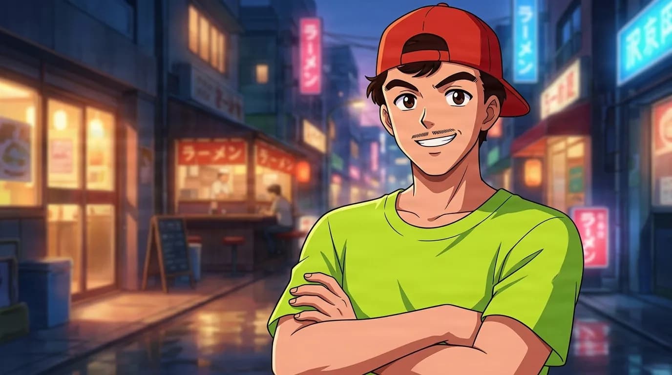 Jun Godai standing with arms crossed on a neon ramen street, a red backwards cap, brown hair and a lime green tee