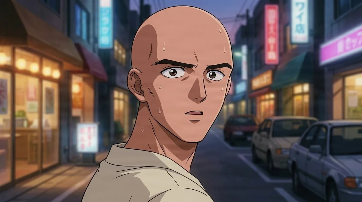 夕暮れ時のネオンが灯る街頭で肩越しに振り返る薬師寺角水。ハゲ頭で汗をかき、薄い色の襟付きシャツを着ている。