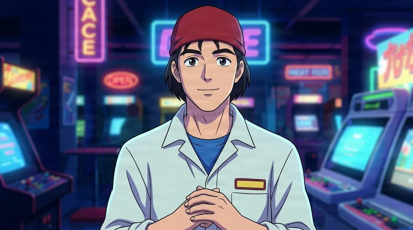 Kameda standing with hands clasped in a neon arcade, black hair under a dark red cap and a grey work coat over a blue shirt