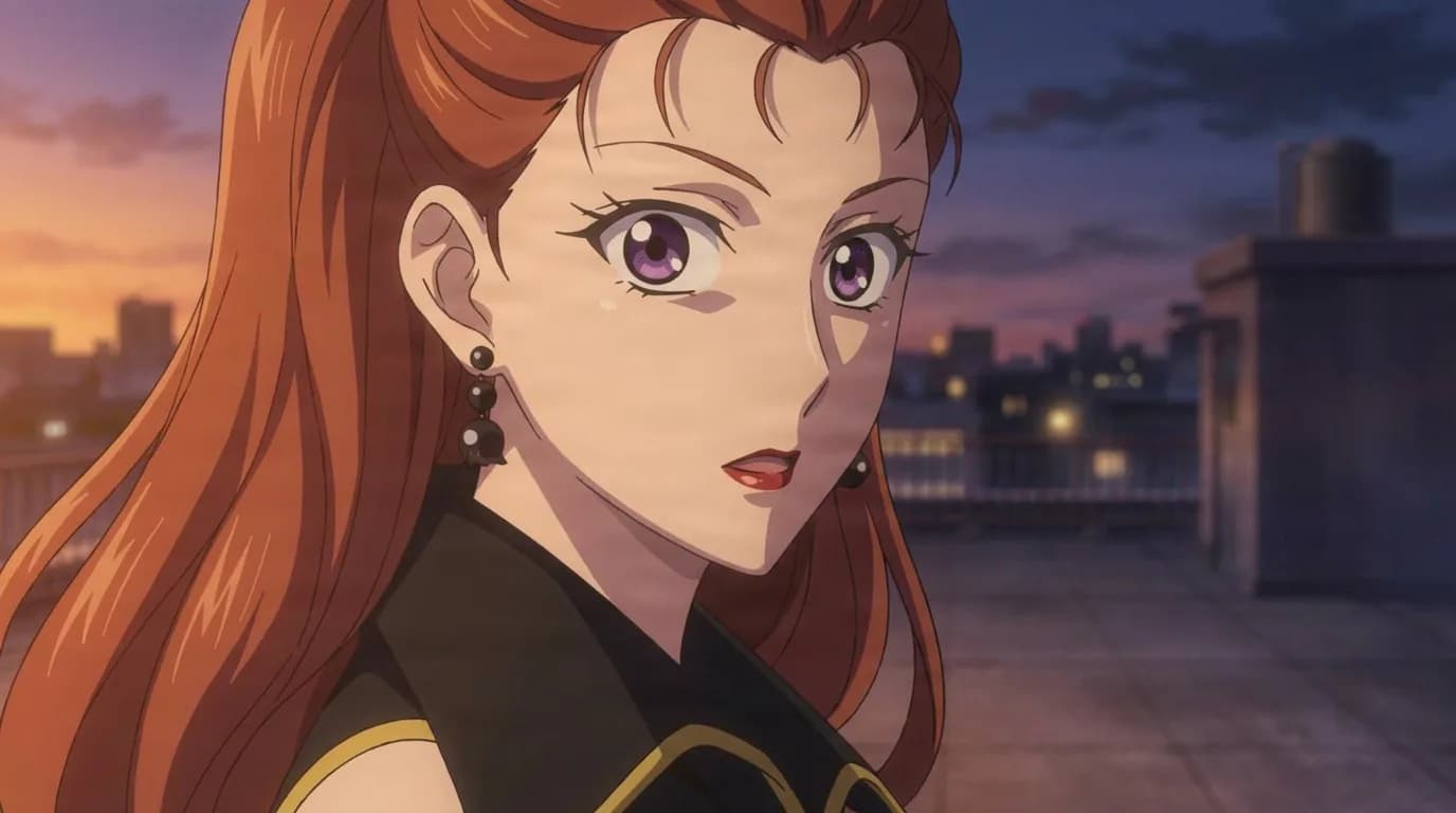 Kaolinite, a long red-haired woman in a black dress with dangling earrings, looks over her shoulder on a city rooftop at dusk.