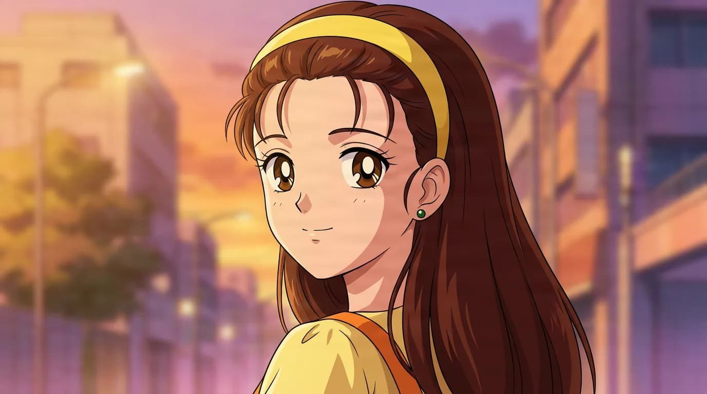 Kazuko Tadashita, a brown-haired girl with a yellow headband and green earring, glances back on a city street at sunset.