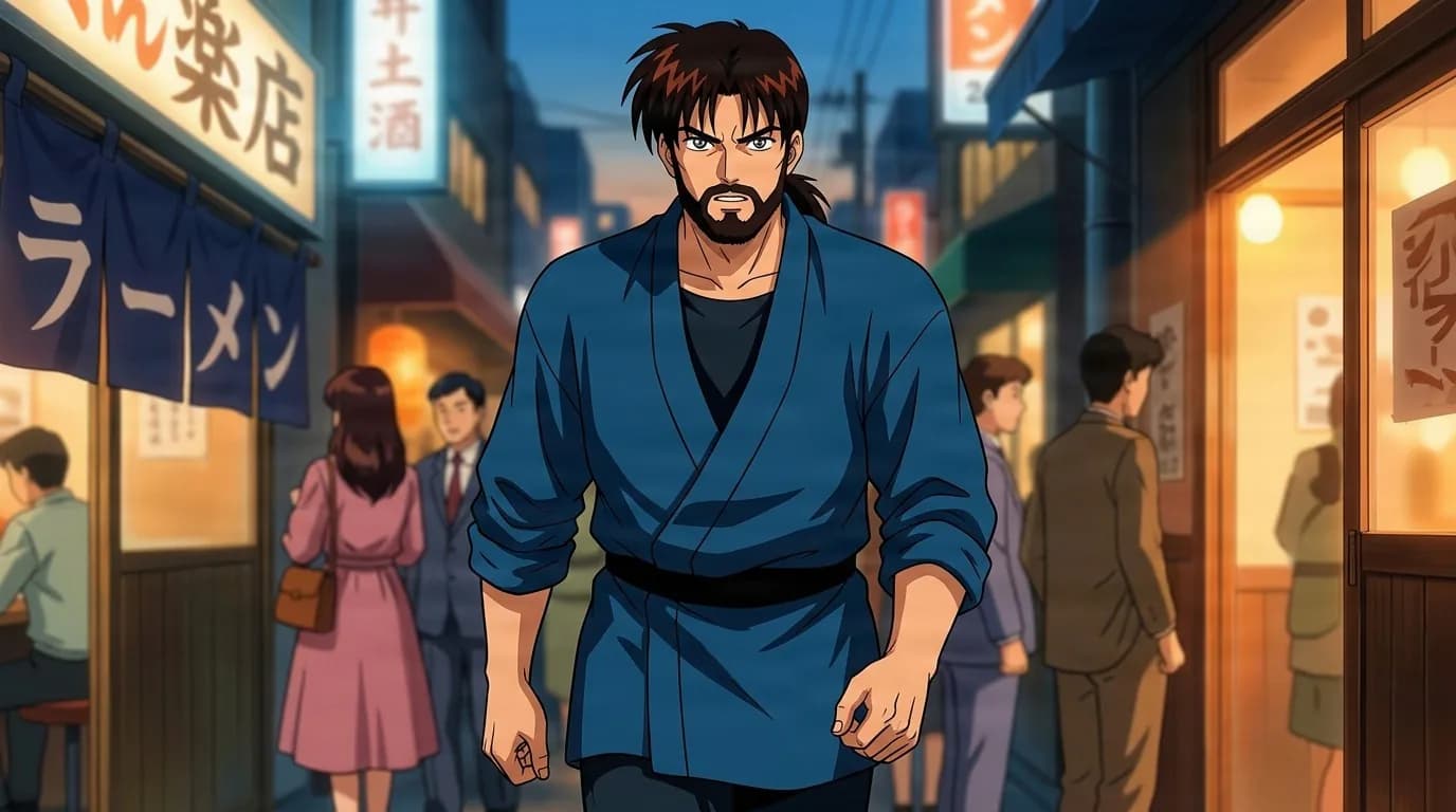 Kengo Ibuki walking a lantern lit street past a ramen shop, a bearded man in a blue kimono jacket with a black sash over a dark shirt