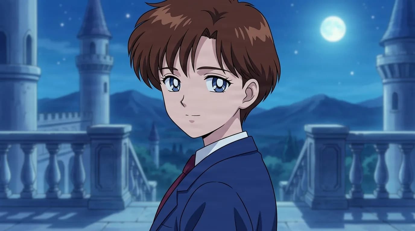 Kenji Shinozaki, a young boy with short brown hair and blue eyes, glancing back in a navy blazer on a moonlit castle balcony.