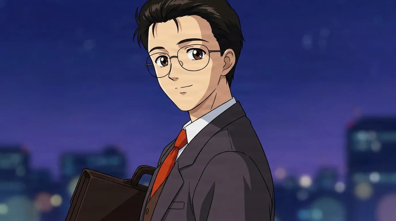 Kenji Tsukino with dark hair and round glasses, in a gray suit and red tie holding a briefcase at night.